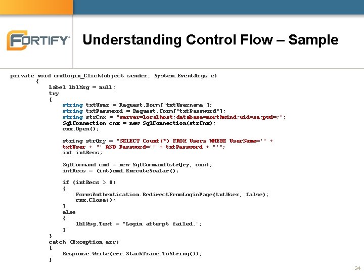 Understanding Control Flow – Sample private void cmd. Login_Click(object sender, System. Event. Args e) Understanding Control Flow – Sample private void cmd. Login_Click(object sender, System. Event. Args e)
