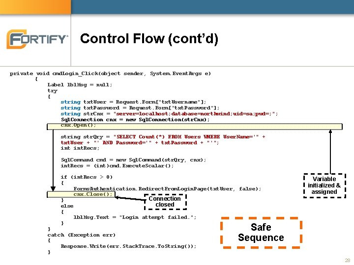 Control Flow (cont’d) private void cmd. Login_Click(object sender, System. Event. Args e) { Label Control Flow (cont’d) private void cmd. Login_Click(object sender, System. Event. Args e) { Label