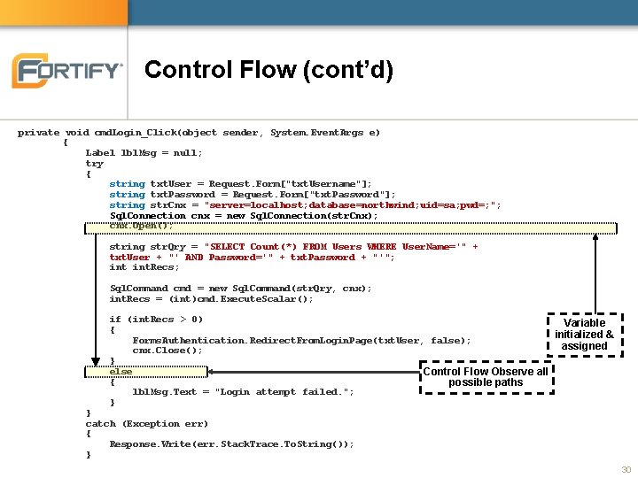 Control Flow (cont’d) private void cmd. Login_Click(object sender, System. Event. Args e) { Label