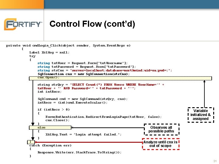 Control Flow (cont’d) private void cmd. Login_Click(object sender, System. Event. Args e) { Label Control Flow (cont’d) private void cmd. Login_Click(object sender, System. Event. Args e) { Label
