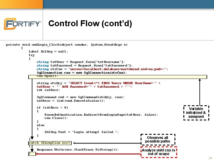 Control Flow (cont’d) private void cmd. Login_Click(object sender, System. Event. Args e) { Label Control Flow (cont’d) private void cmd. Login_Click(object sender, System. Event. Args e) { Label