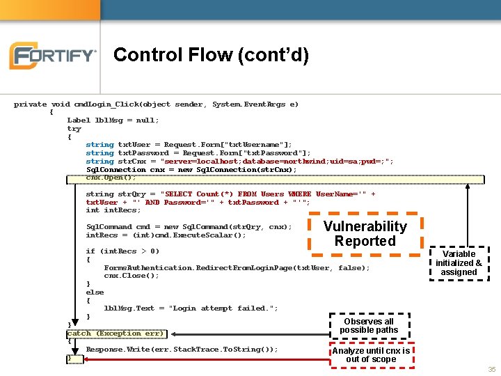 Control Flow (cont’d) private void cmd. Login_Click(object sender, System. Event. Args e) { Label Control Flow (cont’d) private void cmd. Login_Click(object sender, System. Event. Args e) { Label