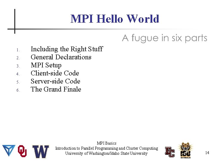 MPI Hello World 1. 2. 3. 4. 5. 6. Including the Right Stuff General