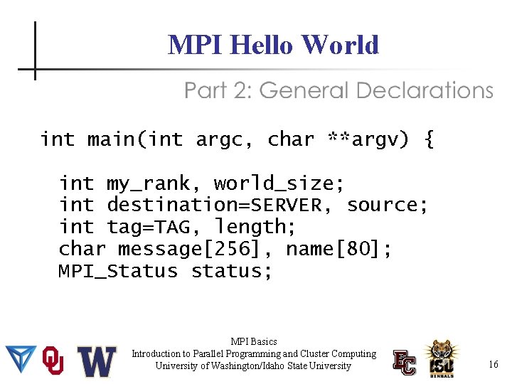 MPI Hello World int main(int argc, char **argv) { int my_rank, world_size; int destination=SERVER,