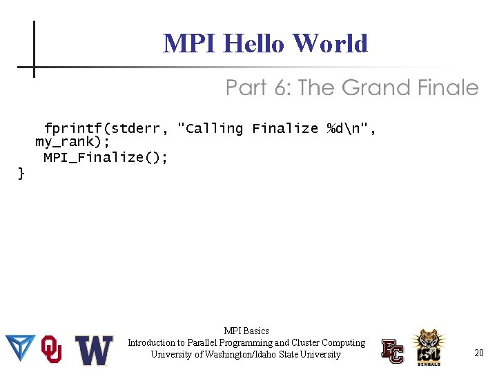 MPI Hello World fprintf(stderr, "Calling Finalize %dn", my_rank); MPI_Finalize(); } MPI Basics Introduction to