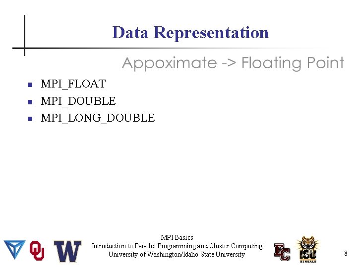 Data Representation MPI_FLOAT MPI_DOUBLE MPI_LONG_DOUBLE MPI Basics Introduction to Parallel Programming and Cluster Computing