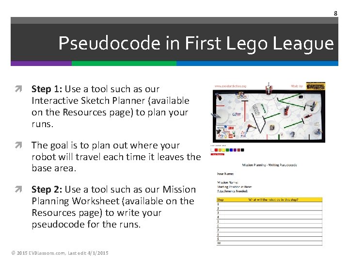 8 Pseudocode in First Lego League Step 1: Use a tool such as our 8 Pseudocode in First Lego League Step 1: Use a tool such as our