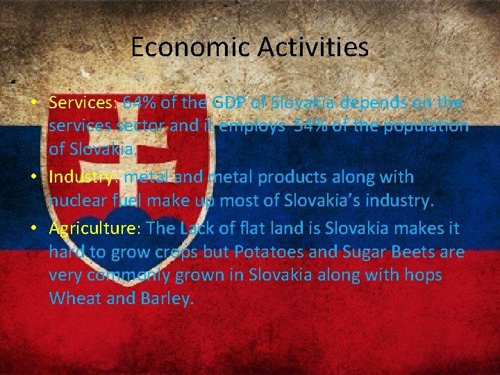 Economic Activities • Services: 64% of the GDP of Slovakia depends on the services
