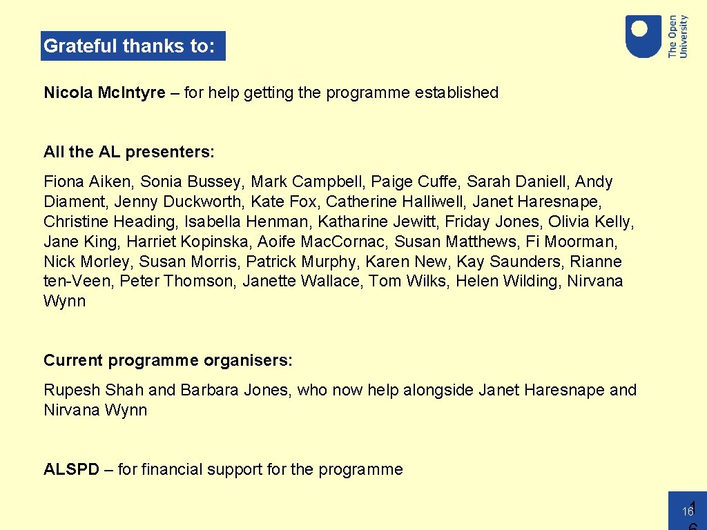 Grateful thanks to: Nicola Mc. Intyre – for help getting the programme established All