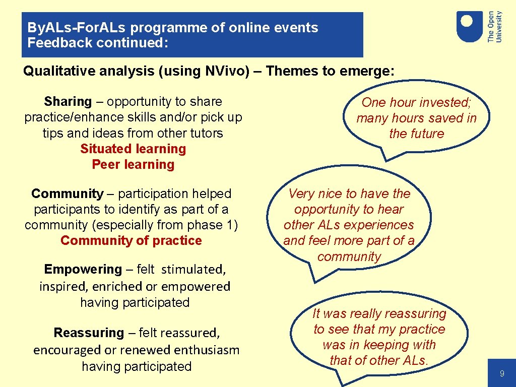 By. ALs-For. ALs programme of online events Feedback continued: Qualitative analysis (using NVivo) –