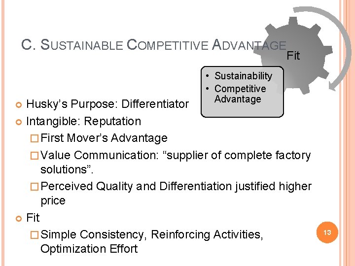 C. SUSTAINABLE COMPETITIVE ADVANTAGE Fit • Sustainability • Competitive Advantage Husky’s Purpose: Differentiator Intangible: