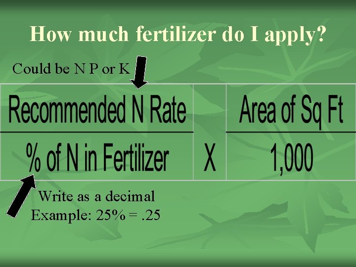 How much fertilizer do I apply? Could be N P or K Write as
