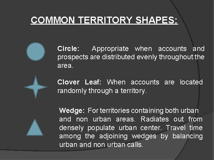 COMMON TERRITORY SHAPES: Circle: Appropriate when accounts and prospects are distributed evenly throughout the