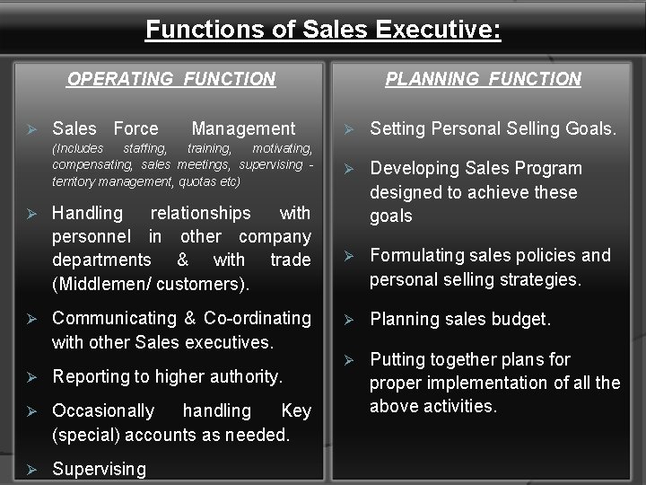 Functions of Sales Executive: OPERATING FUNCTION Ø Sales Force Management (Includes staffing, training, motivating,