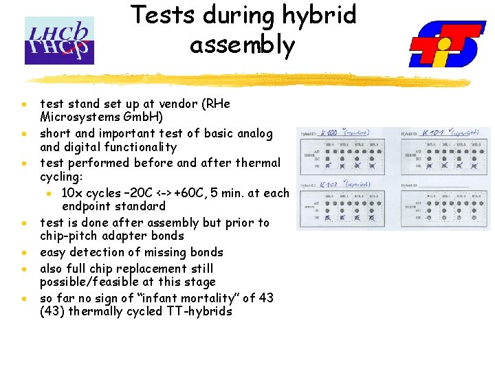 Tests during hybrid assembly · · · · test stand set up at vendor
