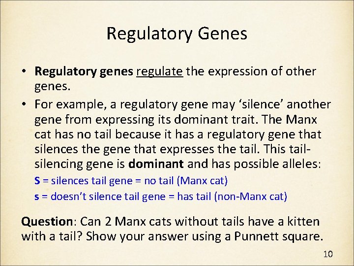 Regulatory Genes • Regulatory genes regulate the expression of other genes. • For example,