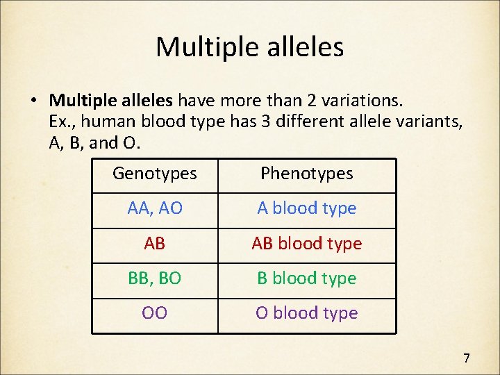 Multiple alleles • Multiple alleles have more than 2 variations. Ex. , human blood