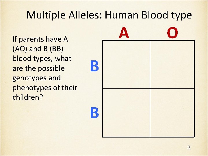 Multiple Alleles: Human Blood type If parents have A (AO) and B (BB) blood