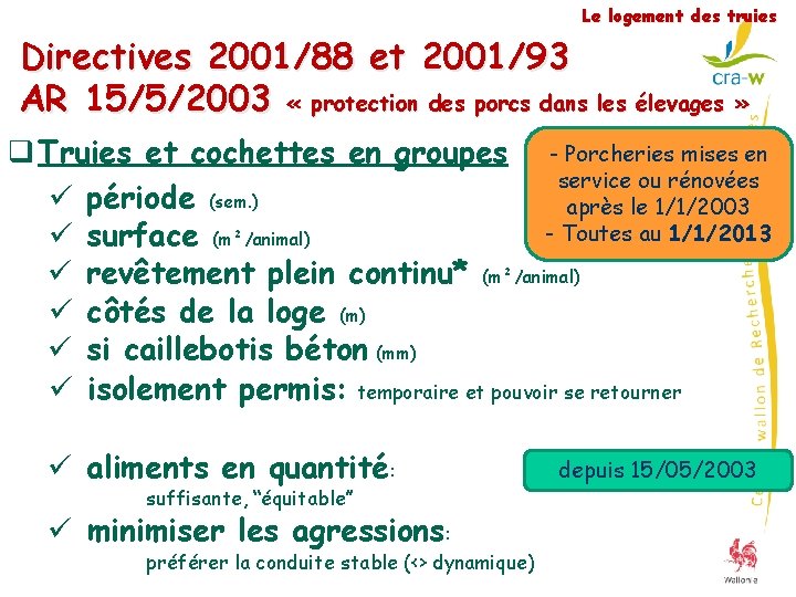 Le logement des truies Directives 2001/88 et 2001/93 AR 15/5/2003 « protection des porcs