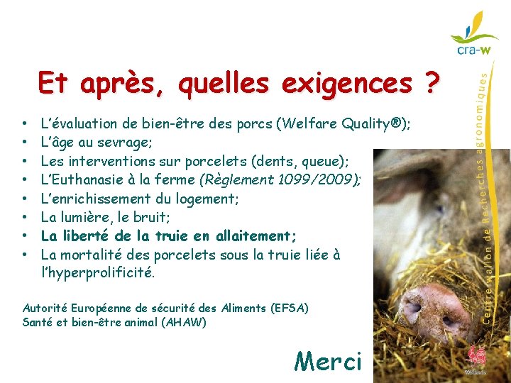 Et après, quelles exigences ? • • L’évaluation de bien-être des porcs (Welfare Quality®);