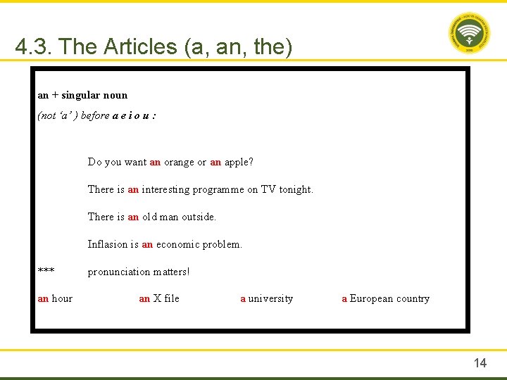 4. 3. The Articles (a, an, the) an + singular noun (not ‘a’ )