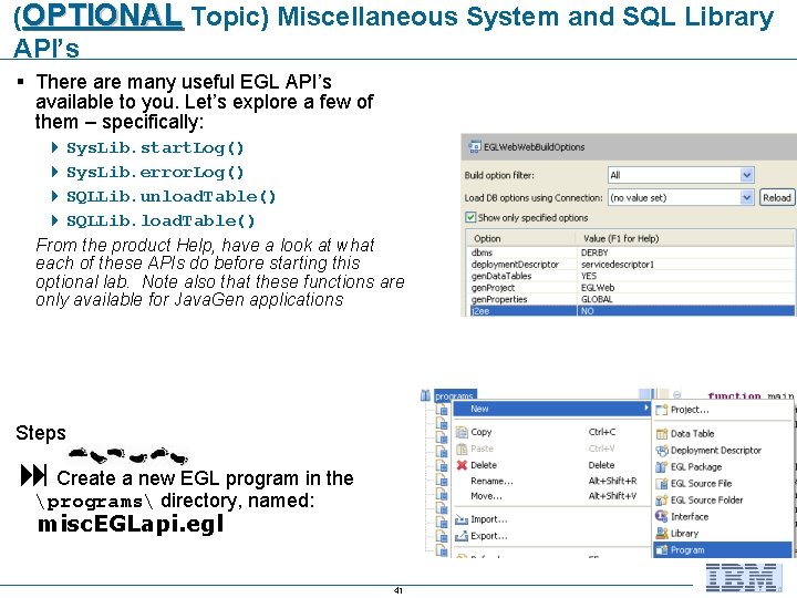 (OPTIONAL Topic) Miscellaneous System and SQL Library API’s § There are many useful EGL