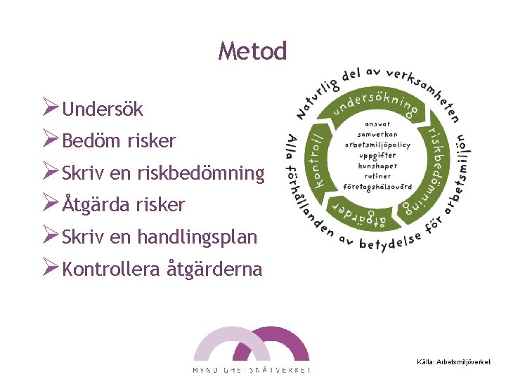 Metod ØUndersök ØBedöm risker ØSkriv en riskbedömning ØÅtgärda risker ØSkriv en handlingsplan ØKontrollera åtgärderna