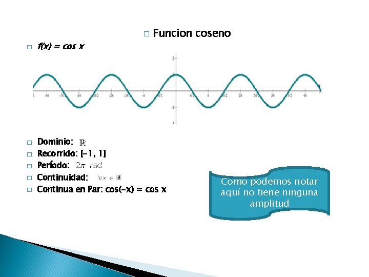 � � � � f(x) = cos x Funcion coseno Dominio: Recorrido: [-1, 1]