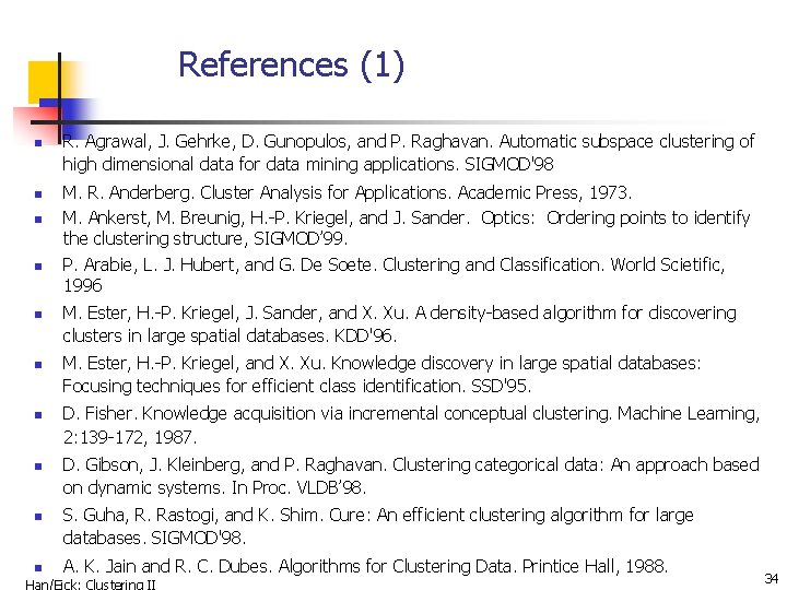 References (1) n n n n n R. Agrawal, J. Gehrke, D. Gunopulos, and