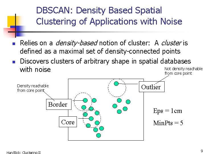 DBSCAN: Density Based Spatial Clustering of Applications with Noise n n Relies on a