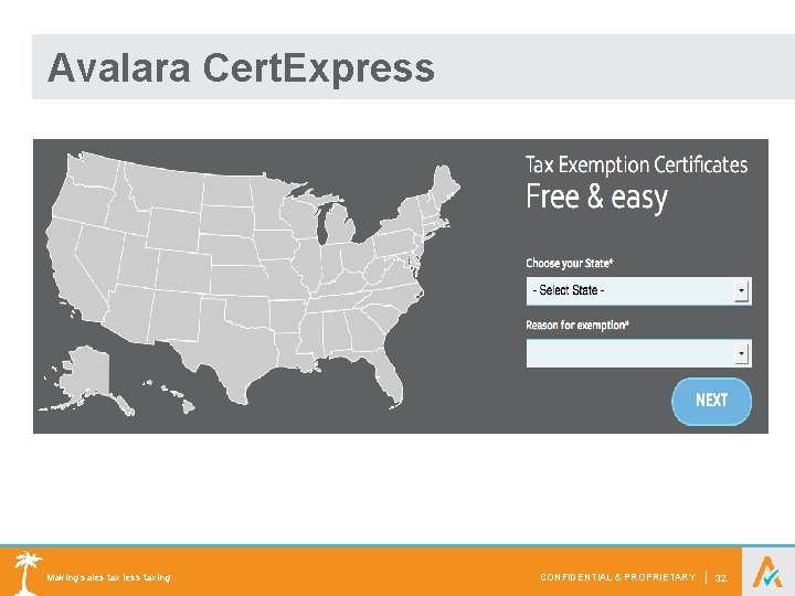 Avalara Cert. Express Making sales tax less taxing CONFIDENTIAL & PROPRIETARY | 32 