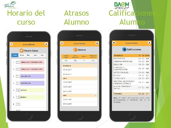 Horario del curso Atrasos Alumno Calificaciones Alumno 