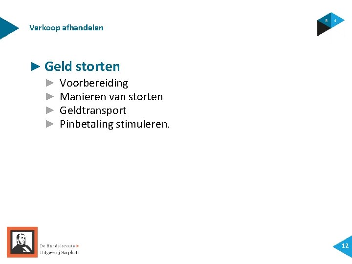 Verkoop afhandelen ► Geld storten ► ► Voorbereiding Manieren van storten Geldtransport Pinbetaling stimuleren.