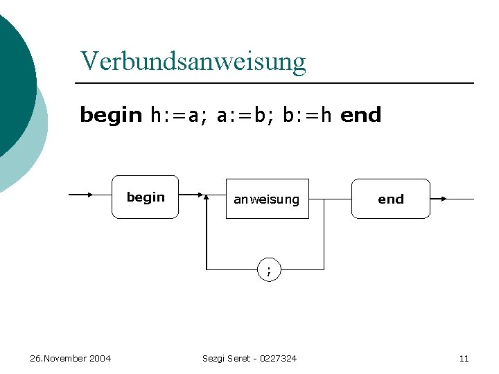 Verbundsanweisung begin h: =a; a: =b; b: =h end begin anweisung end ; 26. Verbundsanweisung begin h: =a; a: =b; b: =h end begin anweisung end ; 26.