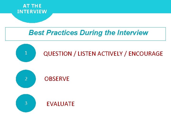 AT THE INTERVIEW Best Practices During the Interview 1 QUESTION / LISTEN ACTIVELY /