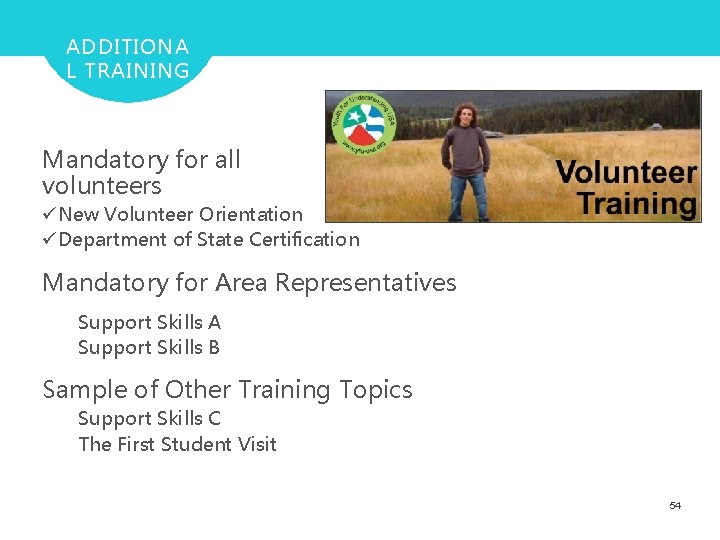 ADDITIONA L TRAINING Mandatory for all volunteers üNew Volunteer Orientation üDepartment of State Certification