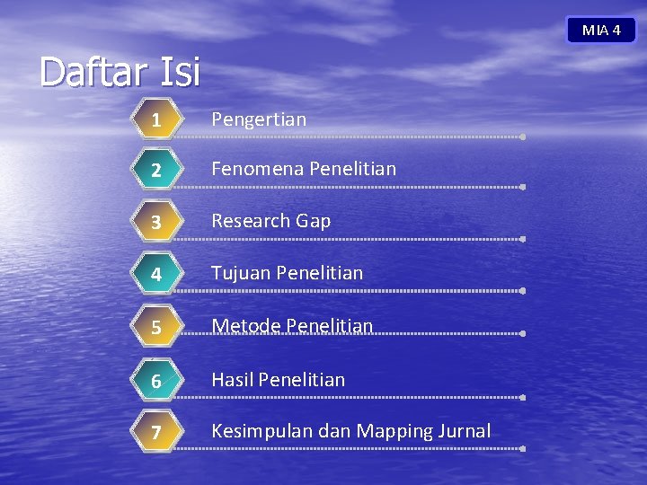 MIA 4 Daftar Isi 1 Pengertian 2 Fenomena Penelitian 3 Research Gap 4 Tujuan