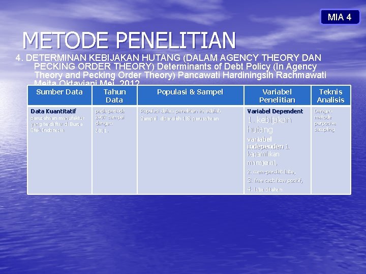 MIA 4 METODE PENELITIAN 4. DETERMINAN KEBIJAKAN HUTANG (DALAM AGENCY THEORY DAN PECKING ORDER