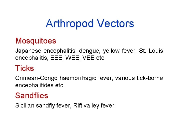 Arthropod Vectors Mosquitoes Japanese encephalitis, dengue, yellow fever, St. Louis encephalitis, EEE, WEE, VEE