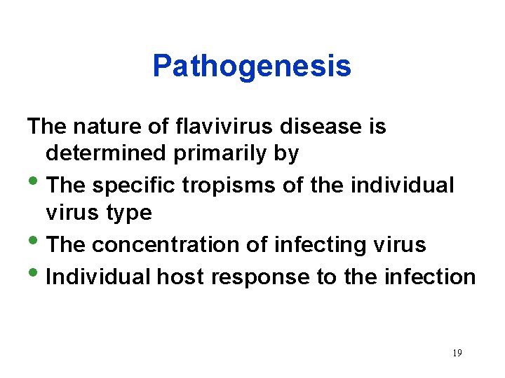 Pathogenesis The nature of flavivirus disease is determined primarily by • The specific tropisms