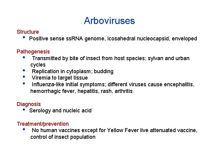 Arboviruses Structure Positive sense ss. RNA genome, icosahedral nucleocapsid, enveloped • Pathogenesis • Transmitted