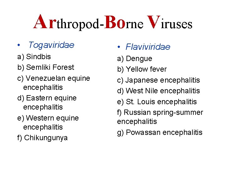 Arthropod-Borne Viruses • Togaviridae • Flaviviridae a) Sindbis b) Semliki Forest c) Venezuelan equine