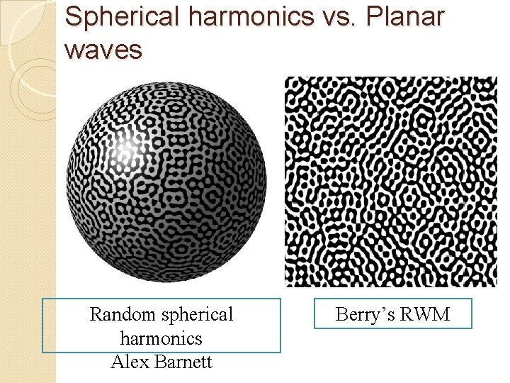 Spherical harmonics vs. Planar waves Random spherical harmonics Alex Barnett Berry’s RWM 