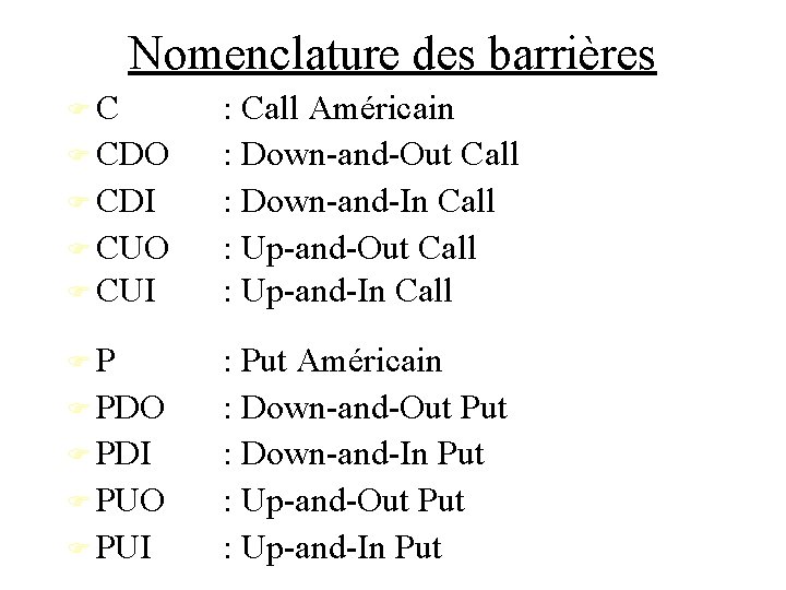 Nomenclature des barrières C CDO CDI CUO CUI P PDO PDI PUO PUI :