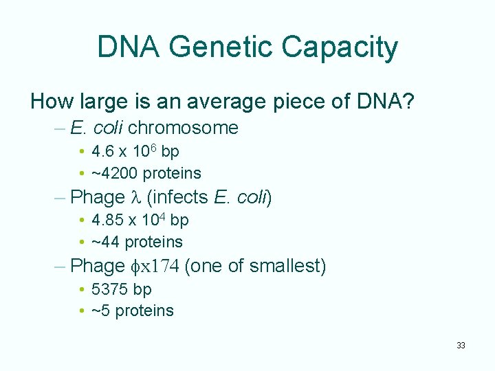 DNA Genetic Capacity How large is an average piece of DNA? – E. coli