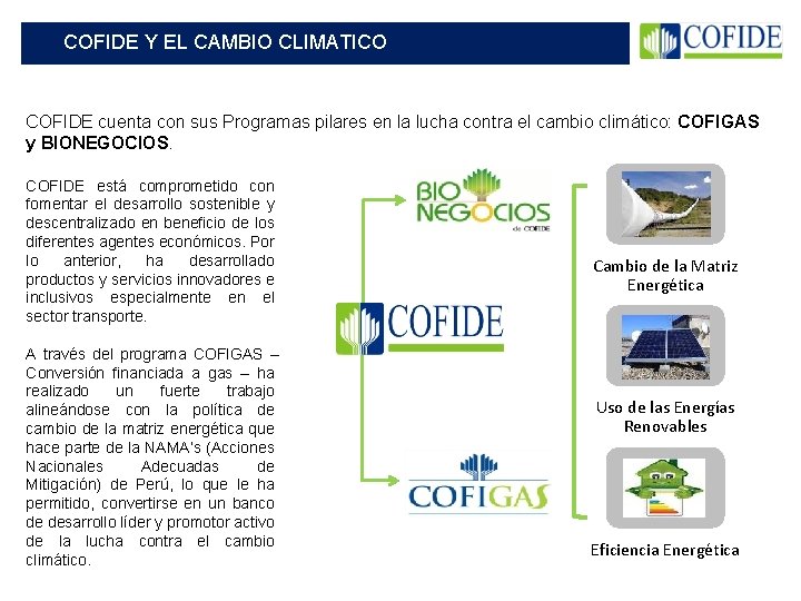 COFIDE Y EL CAMBIO CLIMATICO COFIDE cuenta con sus Programas pilares en la lucha