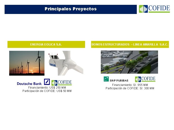 Principales Proyectos ENERGIA EOLICA S. A. Financiamiento: US$ 250 MM Participación de COFIDE: US$