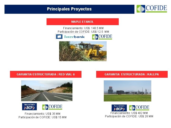 Principales Proyectos MAPLE ETANOL Financiamiento: US$ 148. 5 MM Participación de COFIDE: US$ 12.