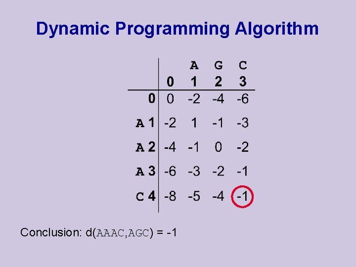 Dynamic Programming Algorithm Conclusion: d(AAAC, AGC) = -1 