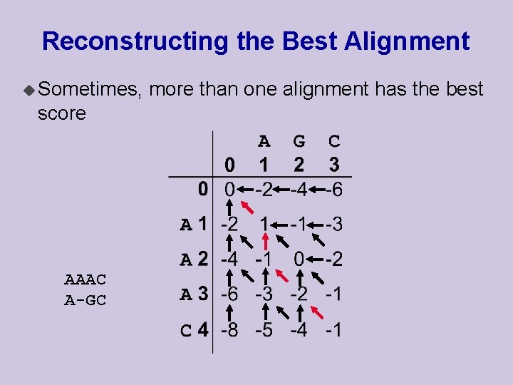 Reconstructing the Best Alignment u Sometimes, score AAAC A-GC more than one alignment has